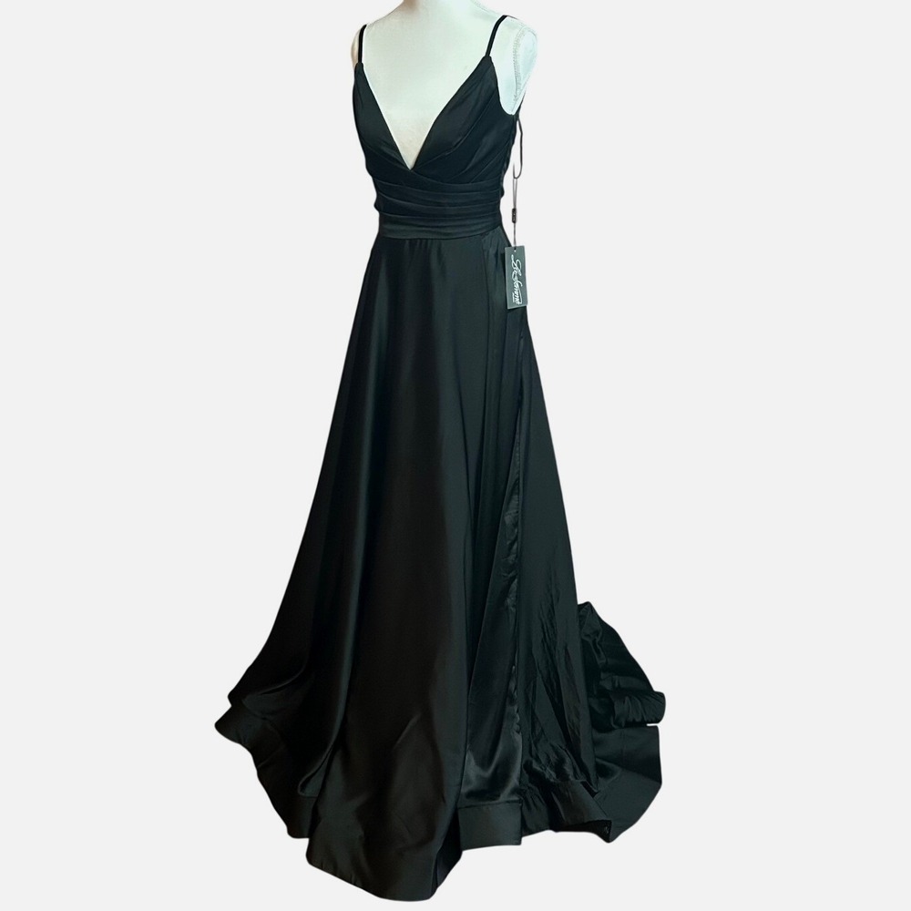 La Femme Black Satin V-Neck Pleated Bodice A-Line Formal Gown Sz 4 Prom Gala